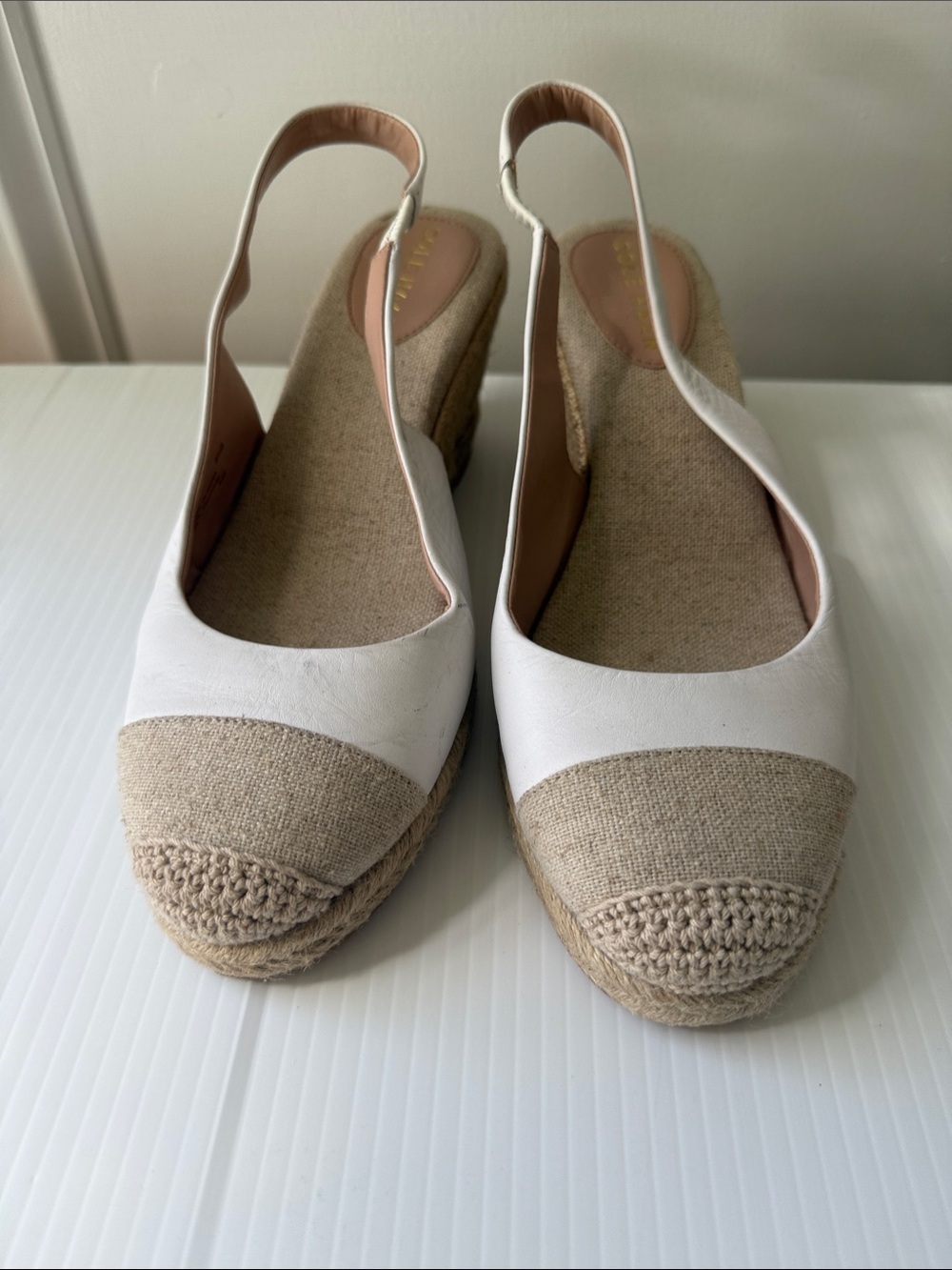 Cole Haan White and Natural Espadrille Slingback Wedges Size 8.5B